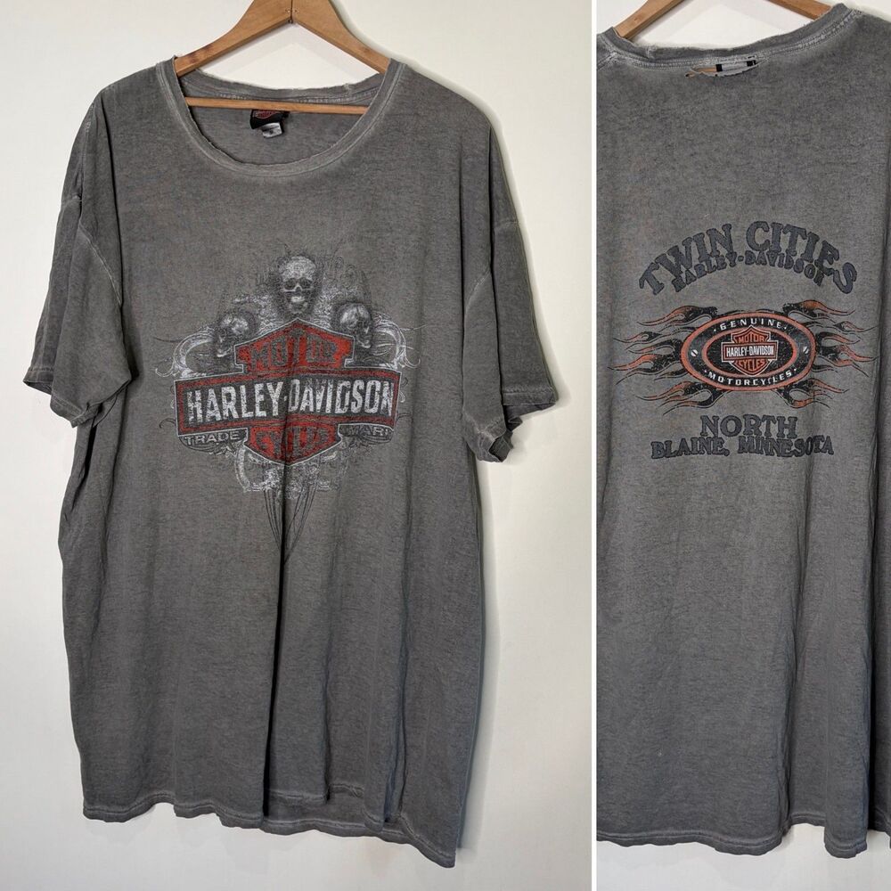 Harley Davidson Graphic T-Shirt Thinned Gray Skulls Distressed MN Men 2X